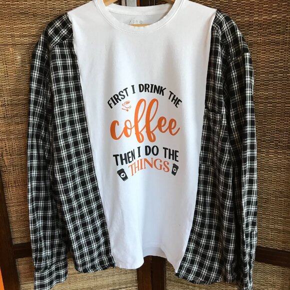 Upcycled Flannel Sleeves Shirt, Size M-L: Oversized Coffee Graphics T-Shirt - Picture 6 of 10